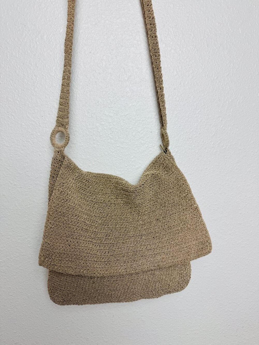Boho Crochet Style Hippie Crossbody Bag  Long Strap Beige